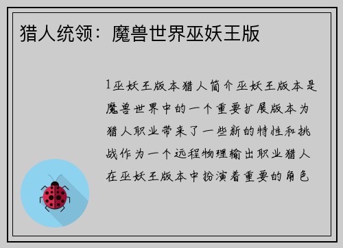 猎人统领：魔兽世界巫妖王版